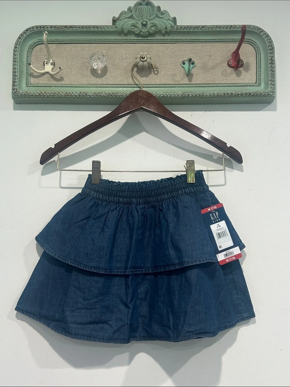 GAP Dark Blue Girls Tiered Denim Skirt skort with shorts medium 7/8 new
